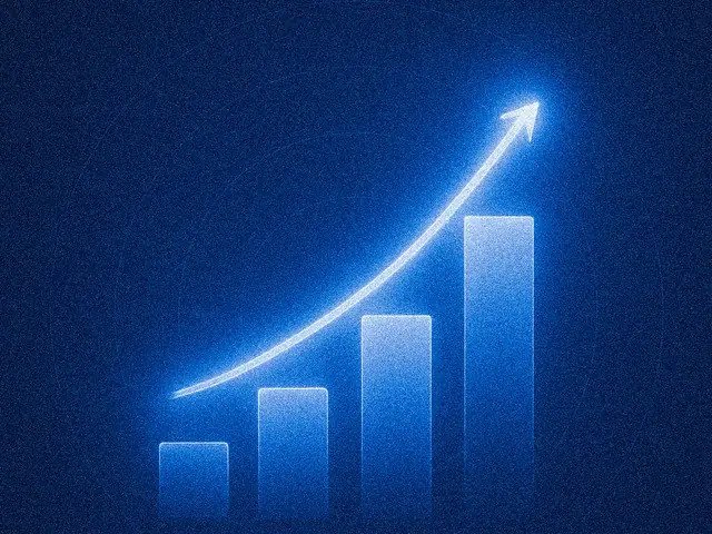 A glowing blue bar chart with an upward trending arrow